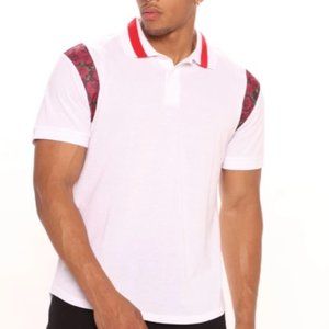 💥3/$15💥NWT Fashion Nova Men Field Of Roses Short Sleeve Polo, White - Medium